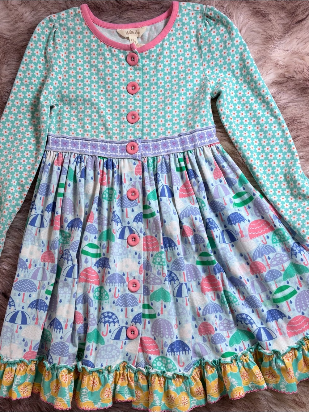 Matilda Jane Mint, Pink & Multicolor Umbrella Print Long-Sleeve Dress